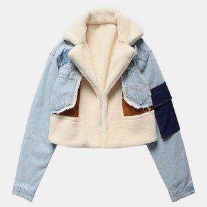 DENIM SUEDE SPLICED PLUSH COAT